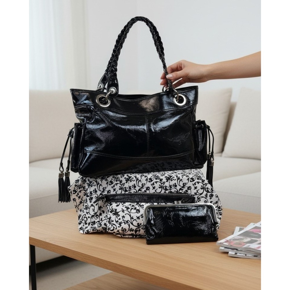 Tasche Black Patent Leather Shoulder Bag Set - Matching Wallet & Makeup Case